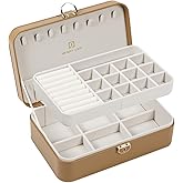 BEAUTY CASE Jewelry Box Organizer for Women Girls, 2 Layer Large Jewelry Storage Case, PU Leather Display Jewelry Holder with Removable Tray for Necklace Earrings Rings Bracelets,Brown