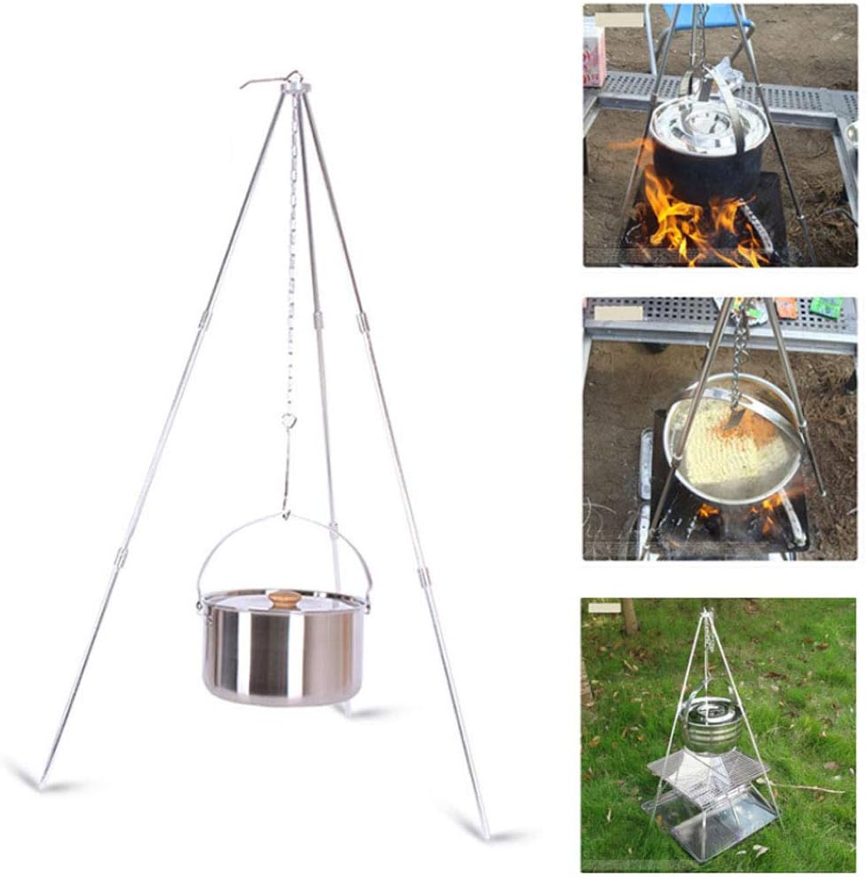 review Gojiny Adjustable Camp Tripod, Outdoor Portable Foldable Metal Barbecue Grills Hanging Tripod for Camping Picnic BBQ Cooking