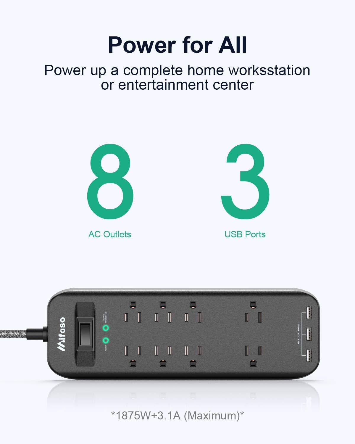 Mifaso 2700Joules Power Strip with 8 Outlets, 3 USB Ports, Braided Extension Cord, Overload Protection, UL Approved