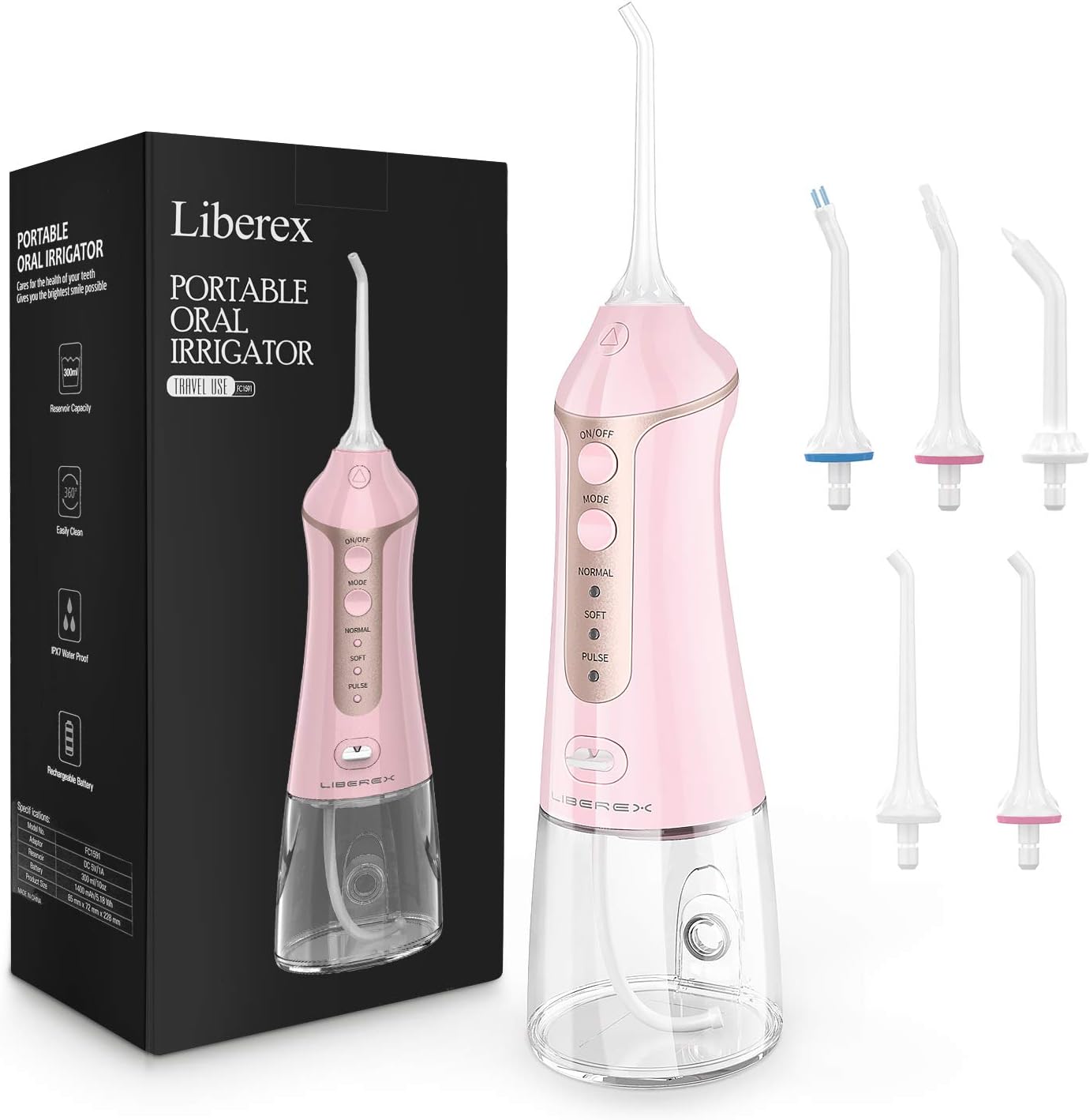 Liberex Cordless Water Flosser - Portable Oral Irrigator with 5 Jet Nozzles, IPX7 Waterproof 300ml Reservoir, 3 Modes Dental Care Teeth Jet for Teeth Braces, USB Rechargeable (Pink)