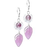 Natural Round Stone Bead Rose Quartz Leaf Drop Earrings,Silver Crescent Moon Shell Genuine Real Crystal Gemstone Dangle Dangling Earrings Jewelry for Women Her