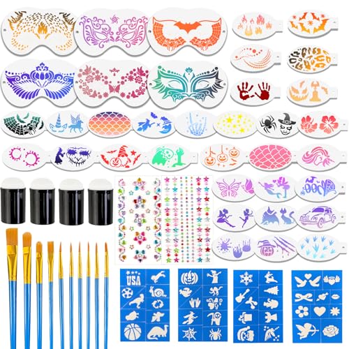 Morofme 56pcs Face Stencils Kit Includes 30pcs Face Makeup Stencil 6pcs Large Face Painting Stencils 4 Stickers 10 Painting Brushes 4Pcs Finger Sponge 2pcs Diamond Stickers for Halloween Costume Party
