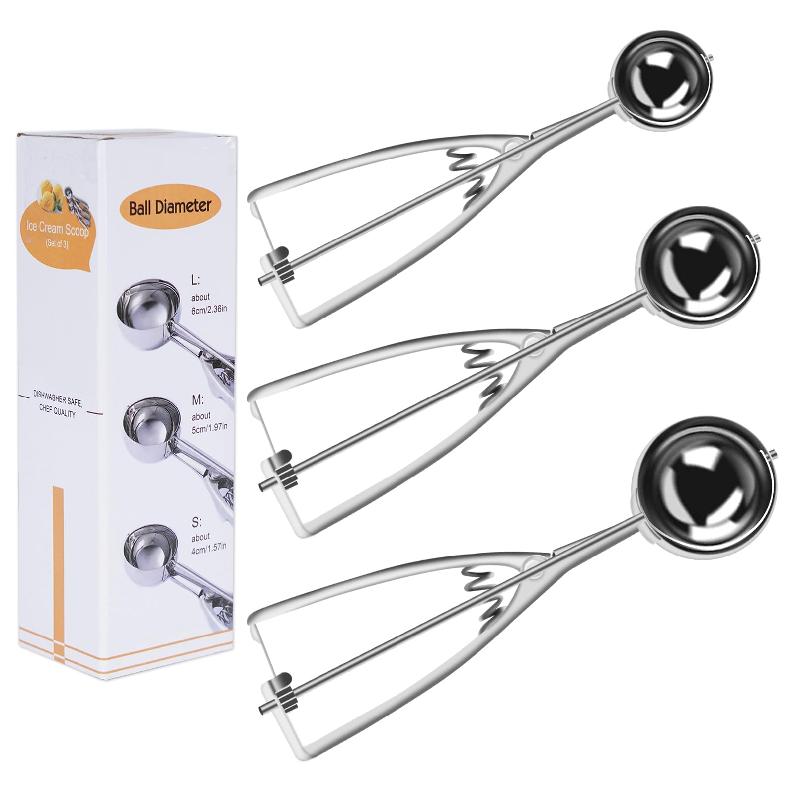 JAMAKALA 3pcs Ice Cream Scoop, Cookie Scoops for Baking, Polished Stainless Steel Ice Cream Scoop, Large-Medium-Small Size, for Ice Cream, Cookie, Cupcake, Meatball, Muffin