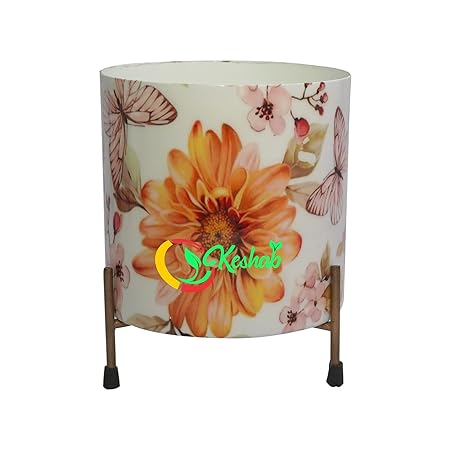 KESHAB Cylindrical Shape Metal Pots with Stand | Table Planter, Flower Planter Home Decor Flower Pot - Multicolor, (6 INCHES, Small)