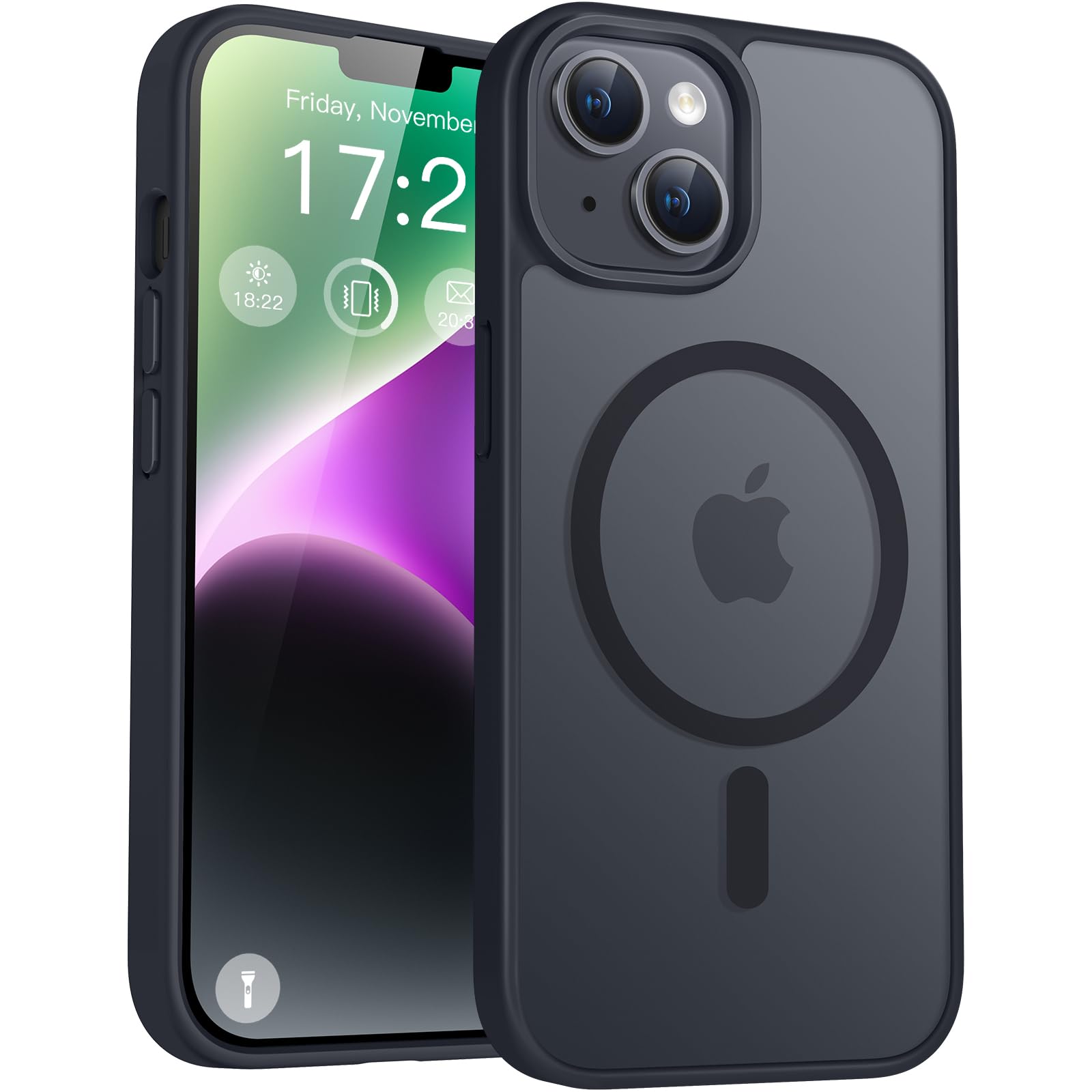 PuyaTeya for iPhone 13/14 Phone Case, Compatible with Magnetic, Military Grade Drop Protection Translucent Matte Shockproof Anti-Scratch/Anti-Fingerprint Case for iPhone 13/14 (Black)
