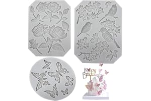 GEOGEODIY 3 Pack Butterfly Rose Flower Stems Birds Blossoms Silicone Fondant Mold, for Making Chocolate Fondant Jelly Polymer Clay Soap Crafting DIY Projects and Cake Decoration