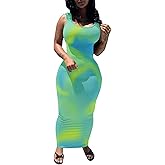 PINSV Women's Sexy Bodycon Tank Dress Basic Sleeveless Long Maxi Dresses Party Club Beach Sundresses