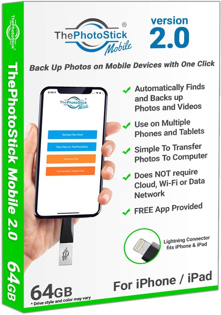 ThePhotoStick Mobile 2.0 Compatible with iPhone and iPad, 64GB Mobile Backup and Storage Device for Photos and Videos, MFi Certified