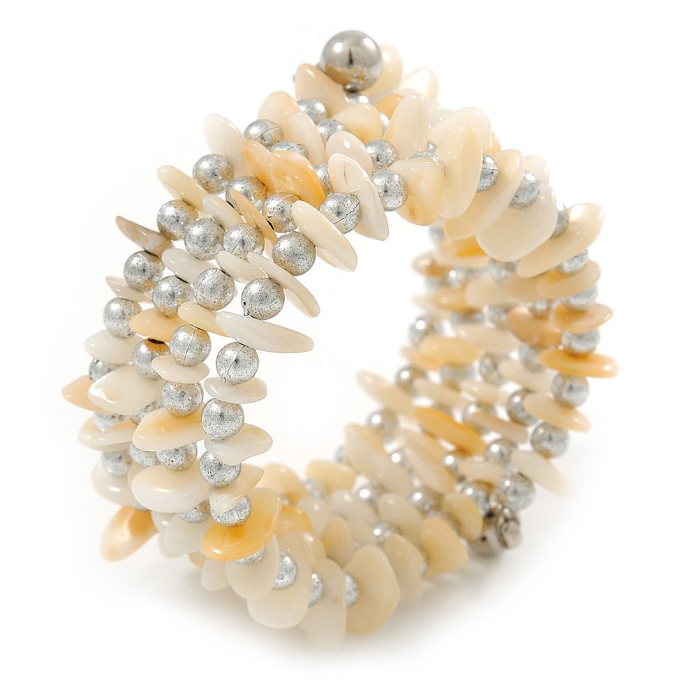 Avalaya Antique White Shell Nugget, Silver Tone Ball Bead Multistrand Flex Bracelet - Medium