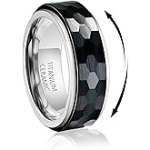 8mm Titanium Fidget Wedding Rings Black Ceramic Hammered Spinner Rings for Men Women Silver, Nickel Free Anxiety Promise Engagement Ring Finger Band Comfort fit Size 8