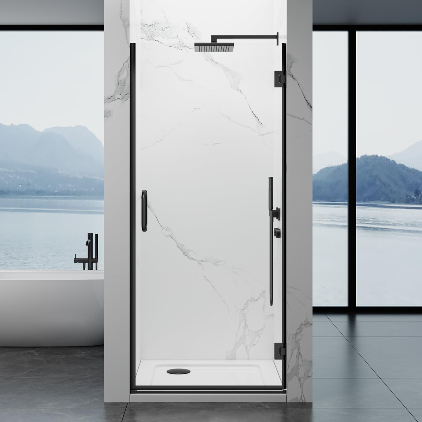 Photo 1 of YTSAHSTT Framelss Hinged Shower Door, 34" W x 76" H Single Swing Pivot Shower Door, 3/8" (10mm) Tempered Glass with Nano Coating, Stainless Handle, Glass Door for Walk-in Shower - Matte Black