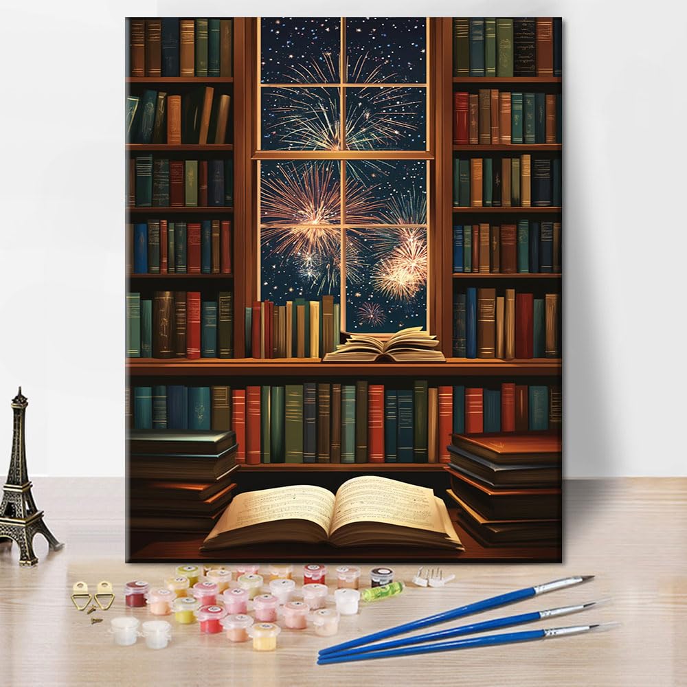 TISHIRON Bookcase Adult Paint by Numbers, Fantasy Library Paint by Numbers Kit for Adults Beginner, Vintage Books Acrylic Oil Hand Painting for Gift Home Wall Decor 16"x20"(Frameless) — image 1