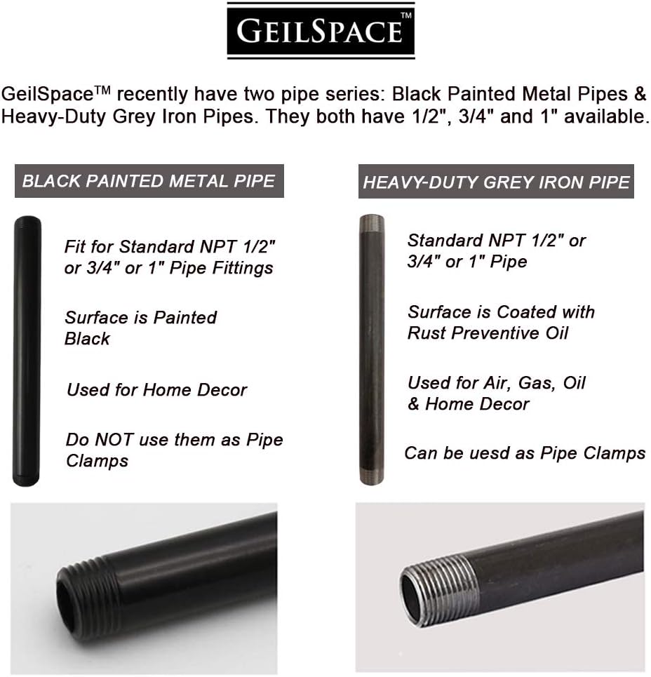 GeilSpace 6 Pack 1/2" × 24" Pre-Cut Black Metal Pipe, Industrial Steel Fits Standard Half Inch Black Threaded Pipes and Fittings - Vintage DIY Industrial Shelving (1/2" × 24", Black) - - 