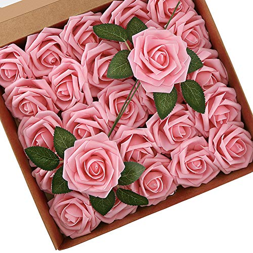 Higfra Artificial Flowers Pink Roses Real Looking Fake Roses w/Stem for DIY Wedding Bouquets Centerpieces Arrangements Party Baby Shower Home Decorations - Pink