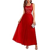 BeryLove Sequin Dress for Woman Vintage A Line Wedding Formal Swing Mesh Dress Sleeveless Cocktail Maxi Gowns