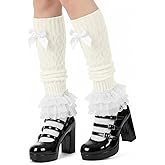 Women's Knit Leg Warmers, Y2K Bow Lace Trim Knee High Leg Sleeve Socks, Cute Harajuku Style Cute Long Chunky Knit Legs Warmer Socks for Women Girls 16.53 x 3.15 inches White
