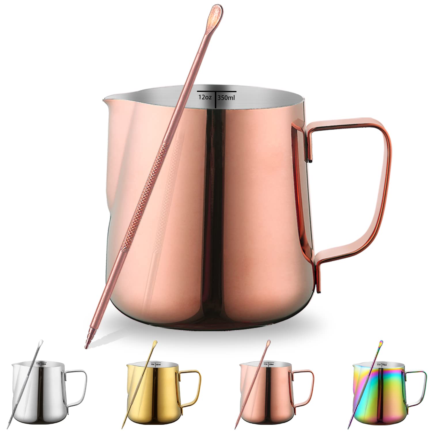 Milk Jug 12oz 350ml, Kyraton Stainless Steel Espresso Steaming Pitchers with Decorating Pen, Milk Frother Jug Cappuccino Latte Art Barista Steam Pitchers Milk Jug Cup (Rose Gold)