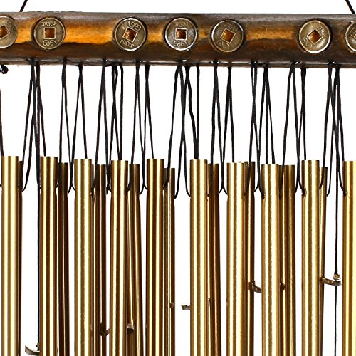 Ylyycc double row 20pieces metal tube wind chime wooden top coin decoration wind chime - Thumbnail 4