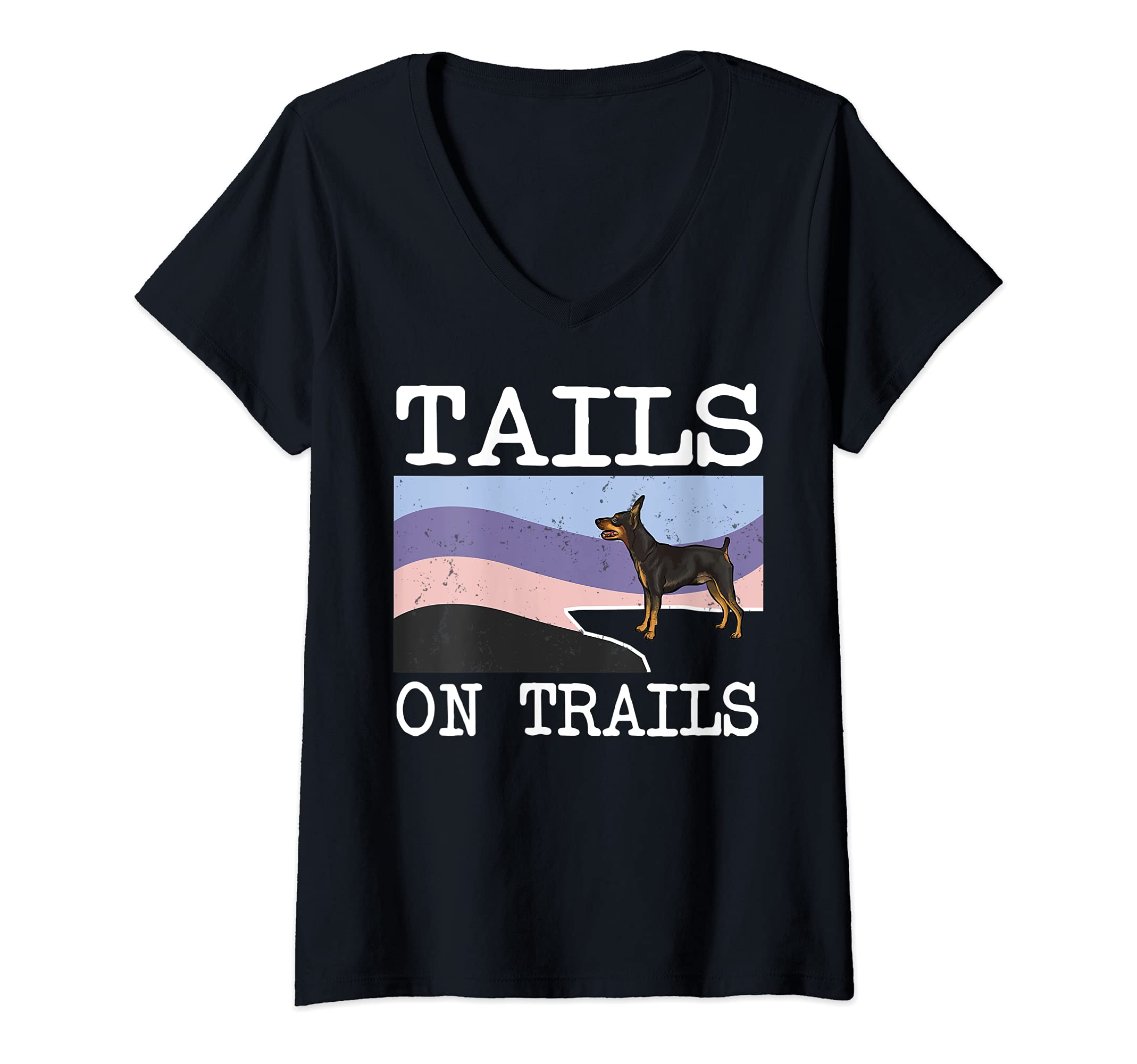 Womens Miniature Pinscher Tails On Trails Funny Dog Hiking V-Neck T-Shirt