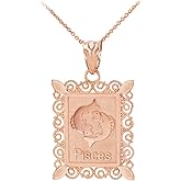 Fine 10k Rose Gold Filigree-Style Rectangular Frame Pisces Zodiac Sign Pendant Necklace