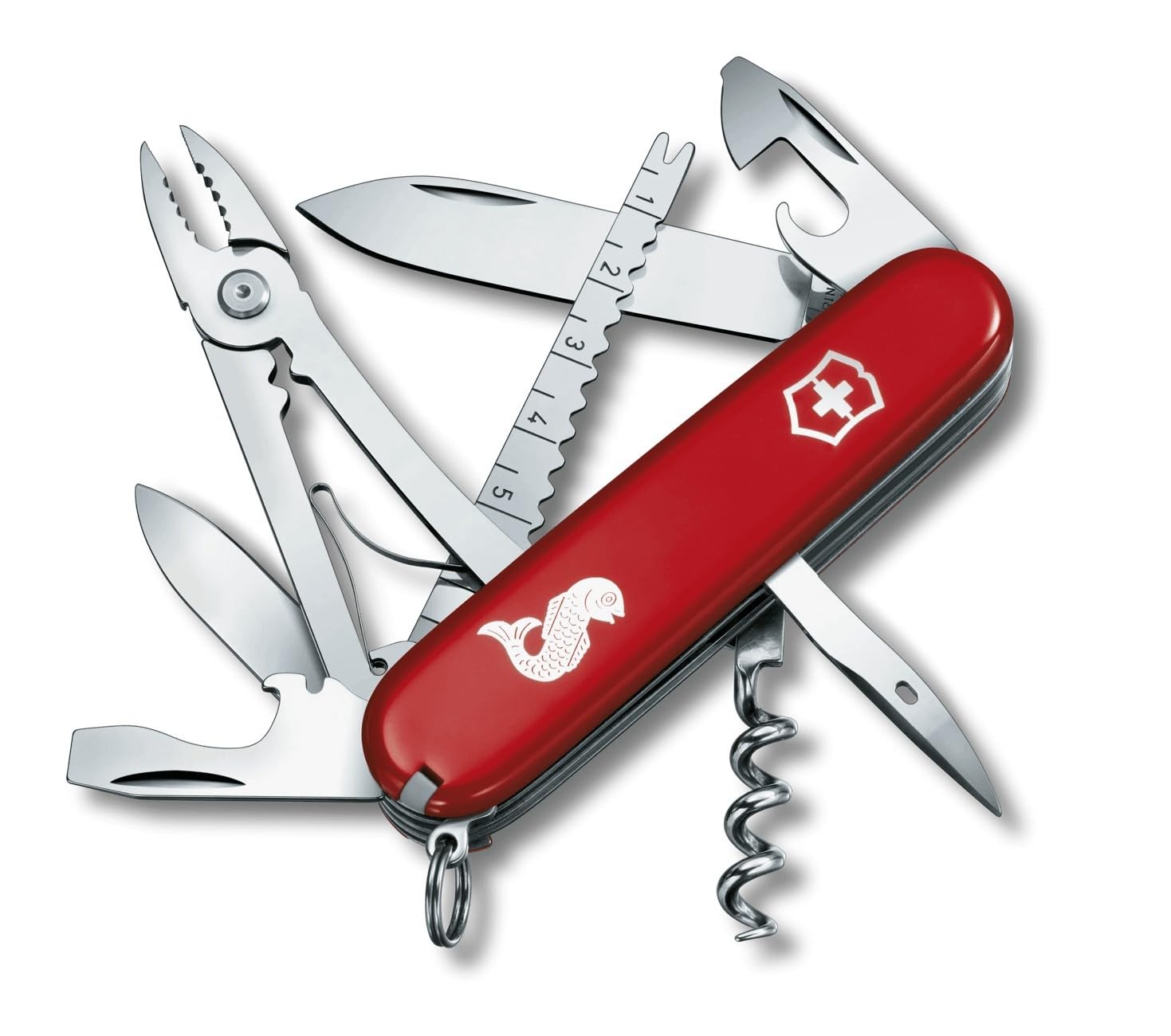 Victorinox Angler Swiss Army Pocket Knife, Medium, Multi Tool, 19 Functions, Fish Scaler With Hook Disgorger, Red