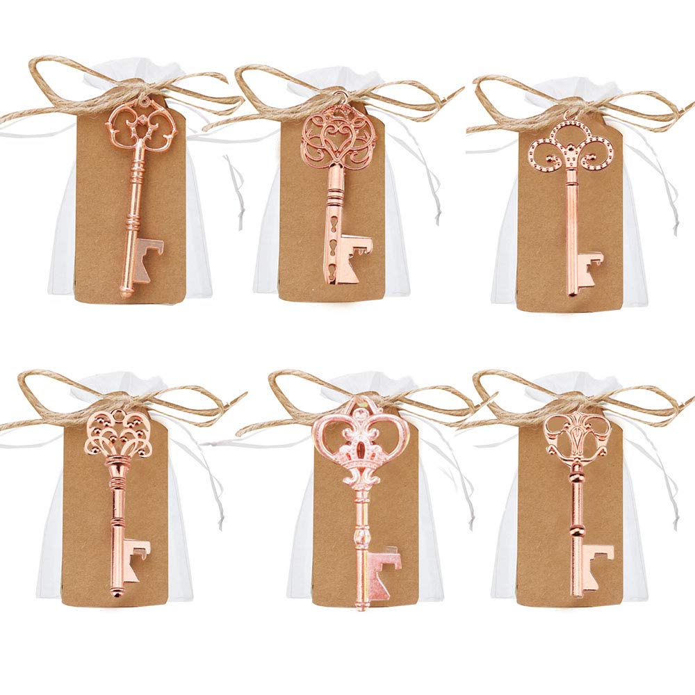Awtlife 60 Pcs Rustic Vintage Skeleton Key Bottle Opener with Tag Cards Sheer Bag for Wedding Party Favors Gold Rose 6 Style(Gold Rose)