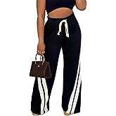 Lzyagnd Patchwork Pants for Women High Waist Straight Wide Leg Sweatpants Color Block Striped Track Loose Pants