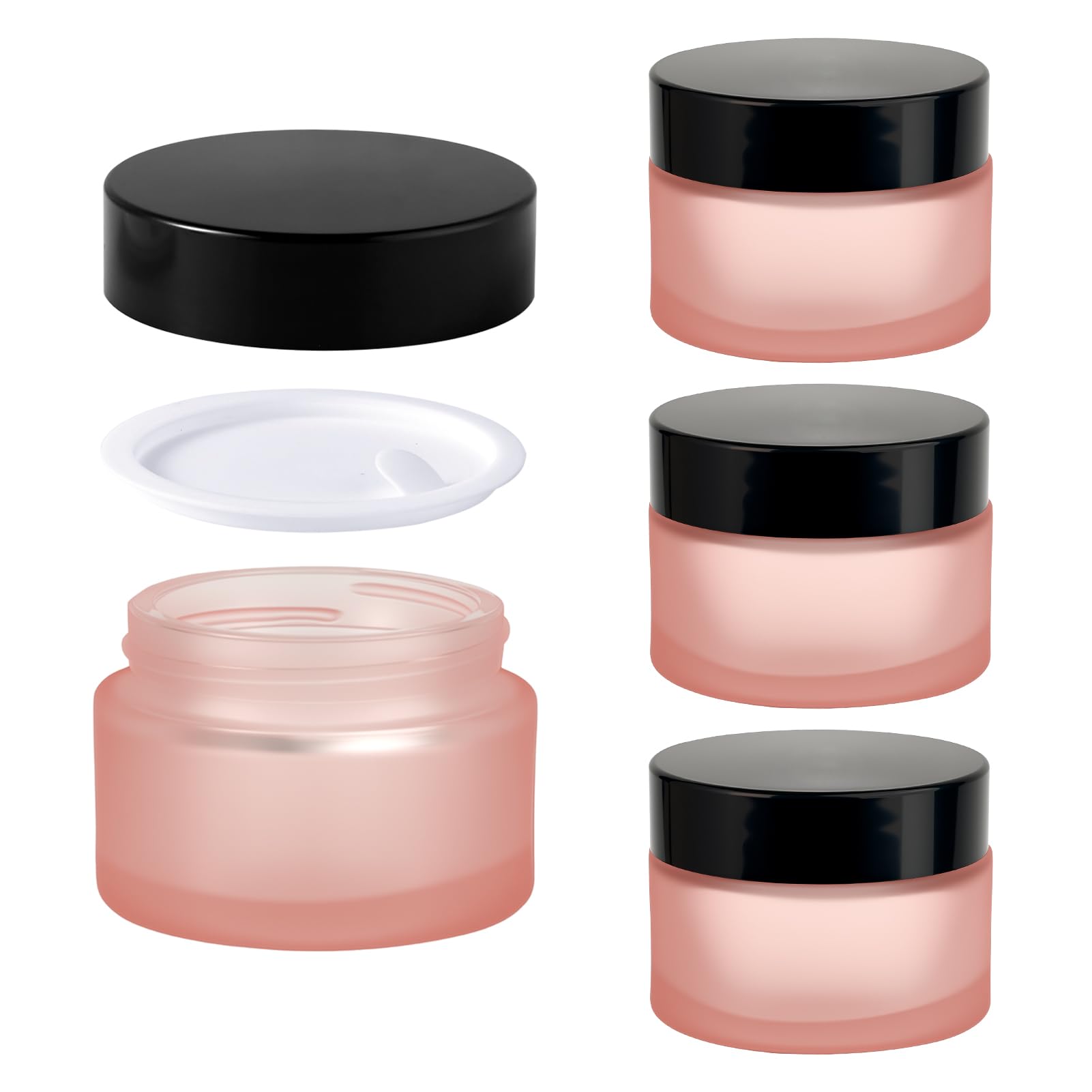Photo 1 of 1oz Jars with Lids, HOA Kinh 4 Pack Pink Frosted Jars Empty Cosmetic Containers Round Airtight Glass Jar with Inner Liners and black Lids for Storing Lotions, Powders, and Ointments