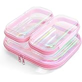 Clear Hard Shell Zipper Case, Surface scratch resistant material, Portable Cosmetic Bag with Zipper, Diaper Bag Organizing Pouches, Hard Plastic Case, Clear Bags for Organizing, Laser Pink (3 Pcs)