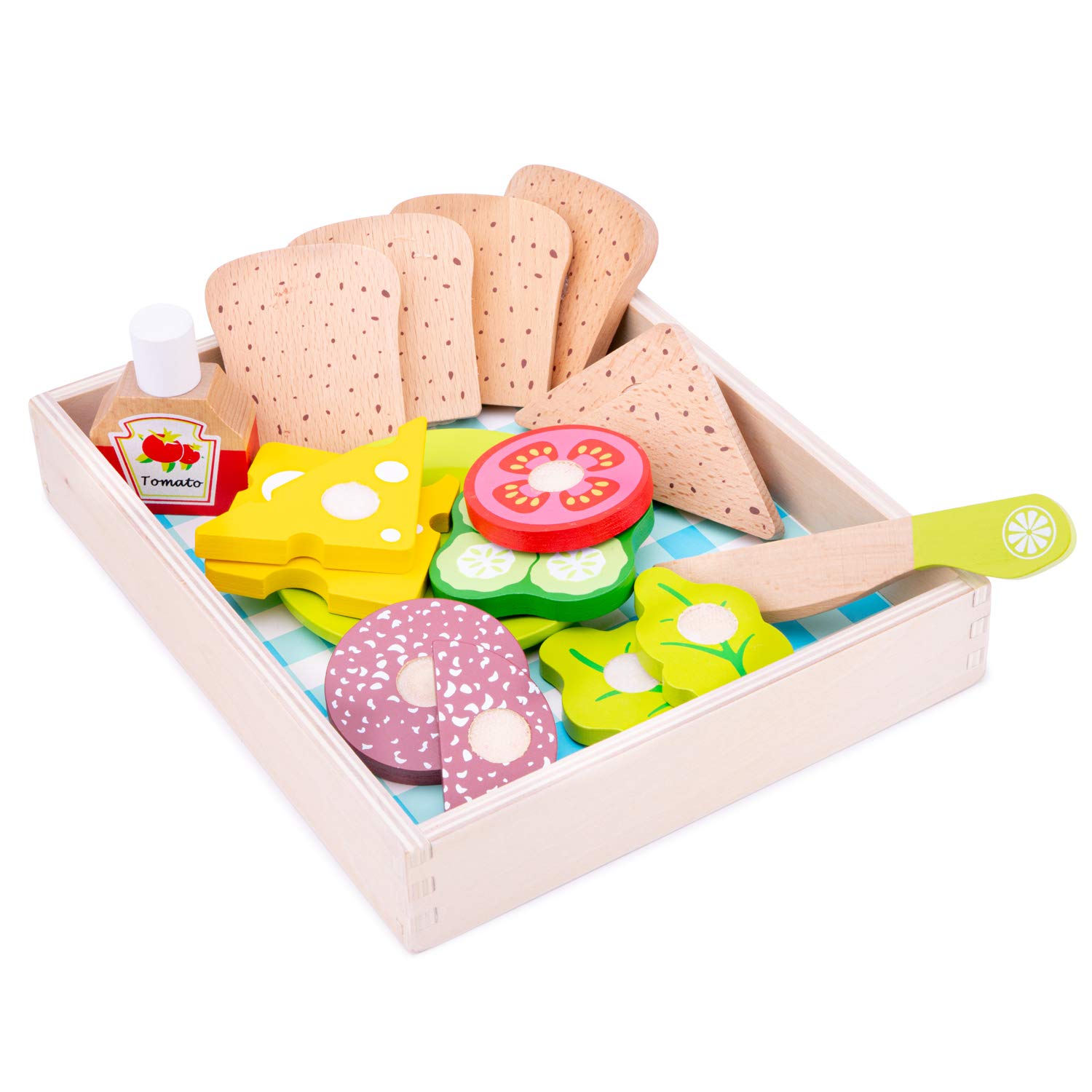 Woet® Wooden Toy Sandwich Set for Kids - With Bread, Cheese, Tomato, Lettuce and Ketchup - Served in Wooden Tray - Role Play Kitchen Toy - Age 2 Years+
