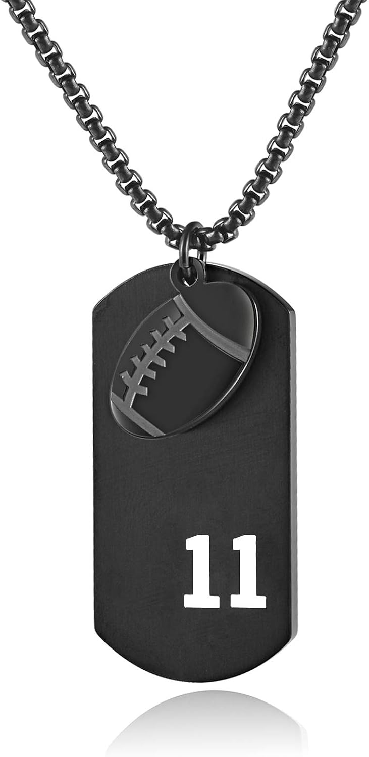 VI.SPORT Men's Sport Football Dog Tag Football Player Number 11 Necklace Football Pendant To Grandson Inspiring Philippians 4:13 I Can Do All Things (Black): Clothing
