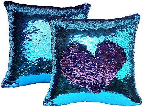 BDJ Glittering Sequin Color Changing Reversible Throw Pillow Case Cushion Cover 16 x 16 Inches Set of 2 (Aquamarine-purple)