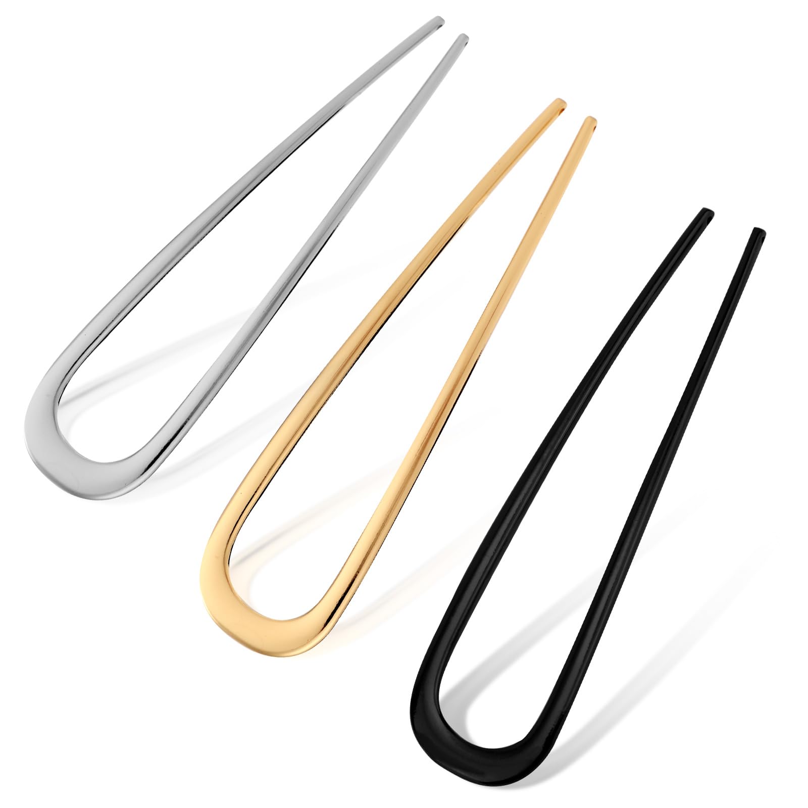 3pcs Simple U-Shaped Hairpin, Fashionable French Hair Pin Metal 2 Prongs Hair Stick Twist Hair Fork for Women Styling Accessories (Black, Gold, Silver)