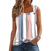 Summer Tank Tops for Women Pleated Square Neck O Ring Shoulder Sleeveless Shirts Casual Loose Fit Trendy Blouses