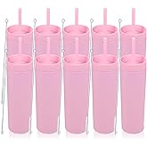 Volhoply 16oz Plastic Skinny Tumbler With Lid and Straw Bulk 10 Pack,Insulated Double Wall BPA Free Matte Acrylic Tumblers,Iced Coffee Travel Mug Reusable Party Cup,Customizable Diy Gifts(Pink,10 Set)