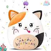 CozyWorld 12” Birthday Cat Plush Pillow, Cat Stuffed Animal, Kawaii Plushie Soft Plush Toy Birthday Decor Gift for Kids Toddlers Girls Boys
