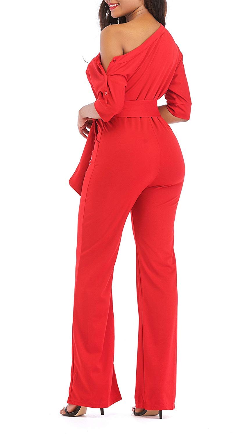 Women\'s Sexy One Off Shoulder Jumpsuits Wide Leg Long Romper Pants with Belt Red L