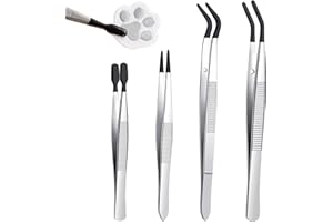 HUIAWAY 4Pcs Rubber Tipped Tweezers, Black PVC Coated Non-Slip Straight, Flat, and Bent Tip Tweezers for Bead Crafts, Jewelry