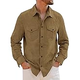 Runcati Mens Long Sleeve Suede Shirts Button Down Shacket Casual Work Western Regular Fit Shirt Jacket