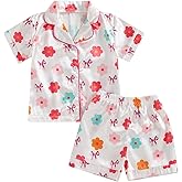 Kuriozud Toddler Girl Satin Pajamas Set Summer Short Sleeve Button Down Shirt Top and Shorts 2pcs Pjs Sets Sleepwear