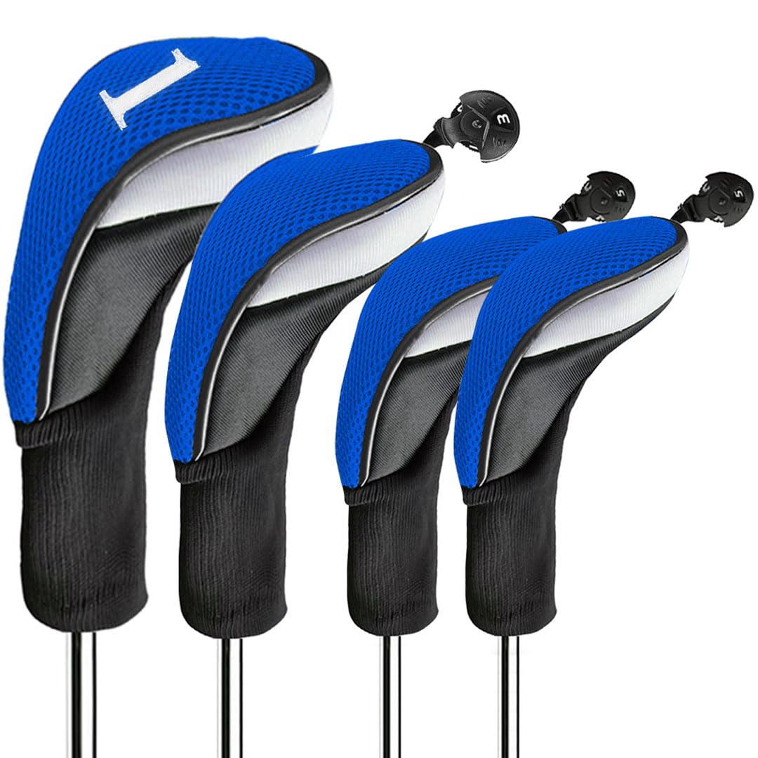 FINGER TEN Golf Club Head Covers for Woods Long Cover Driver Hybrid Fairway, Headcovers with Interchangeable No. Tag Novelty Durable Fit Woods Clubs (Blue-4 pack (1 Driver& 1 Fairway&2 Hybrid))