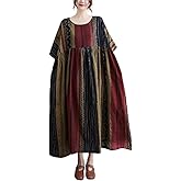 ENGLUCK Women Summer Casual Loose Dress Plus Size Boho Dresses Vintage Striped Print Round Neck Short Sleeve with Side Pocket