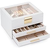 JBAOWEI Jewelry Box for Women, 3-Layer Jewelry Box, Jewelry Organizer with Clear Glass Lid and Drawers, Jewelry Organizers and Storage for Necklaces, Rings, Earrings, Bracelets(White)