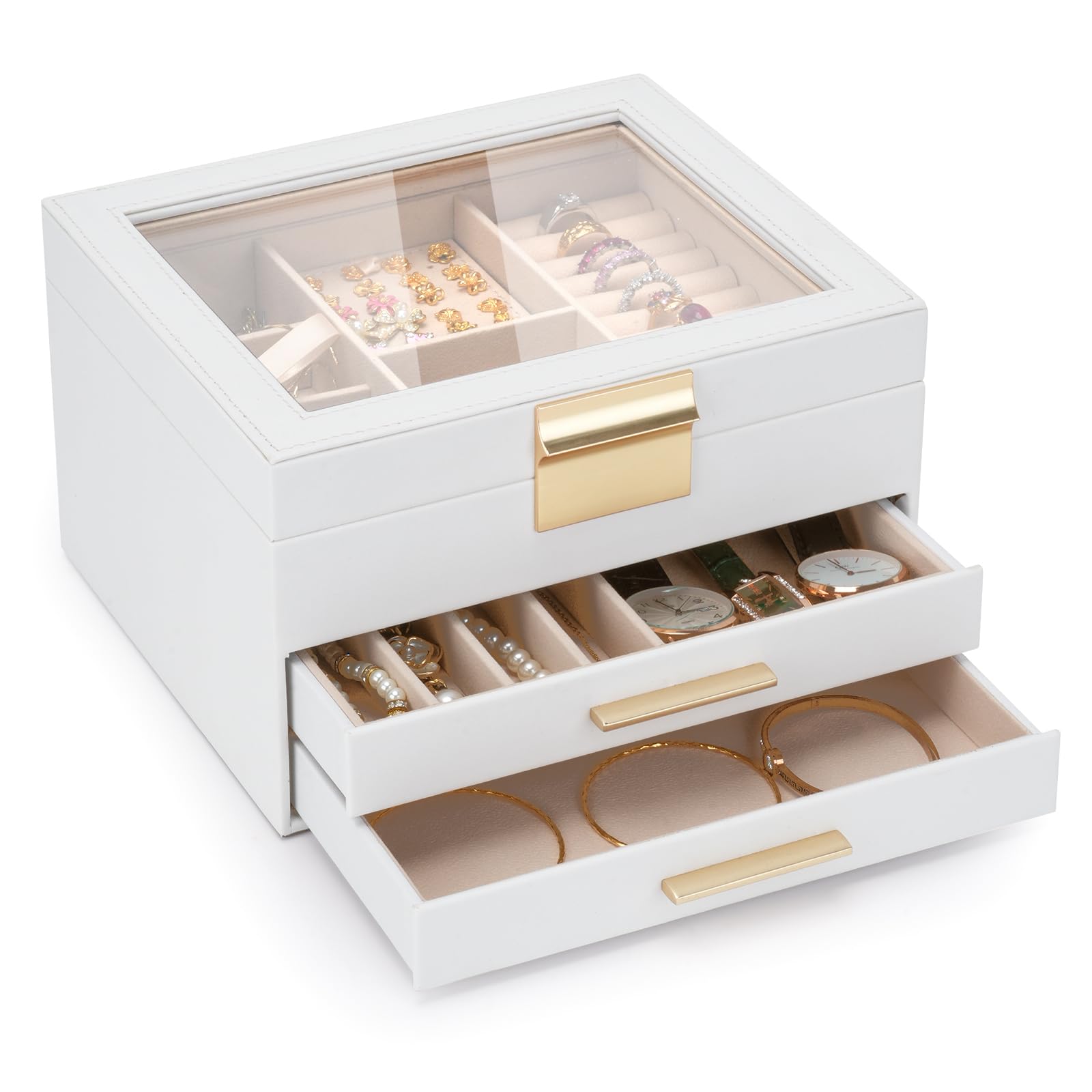 Photo 1 of **SIMILAR ITEM** Jewelry Box for Women, , Jewelry Organizer with Clear Glass Lid and Drawers, Jewelry Organizers and Storage for Necklaces, Rings, Earrings, Bracelets(White)