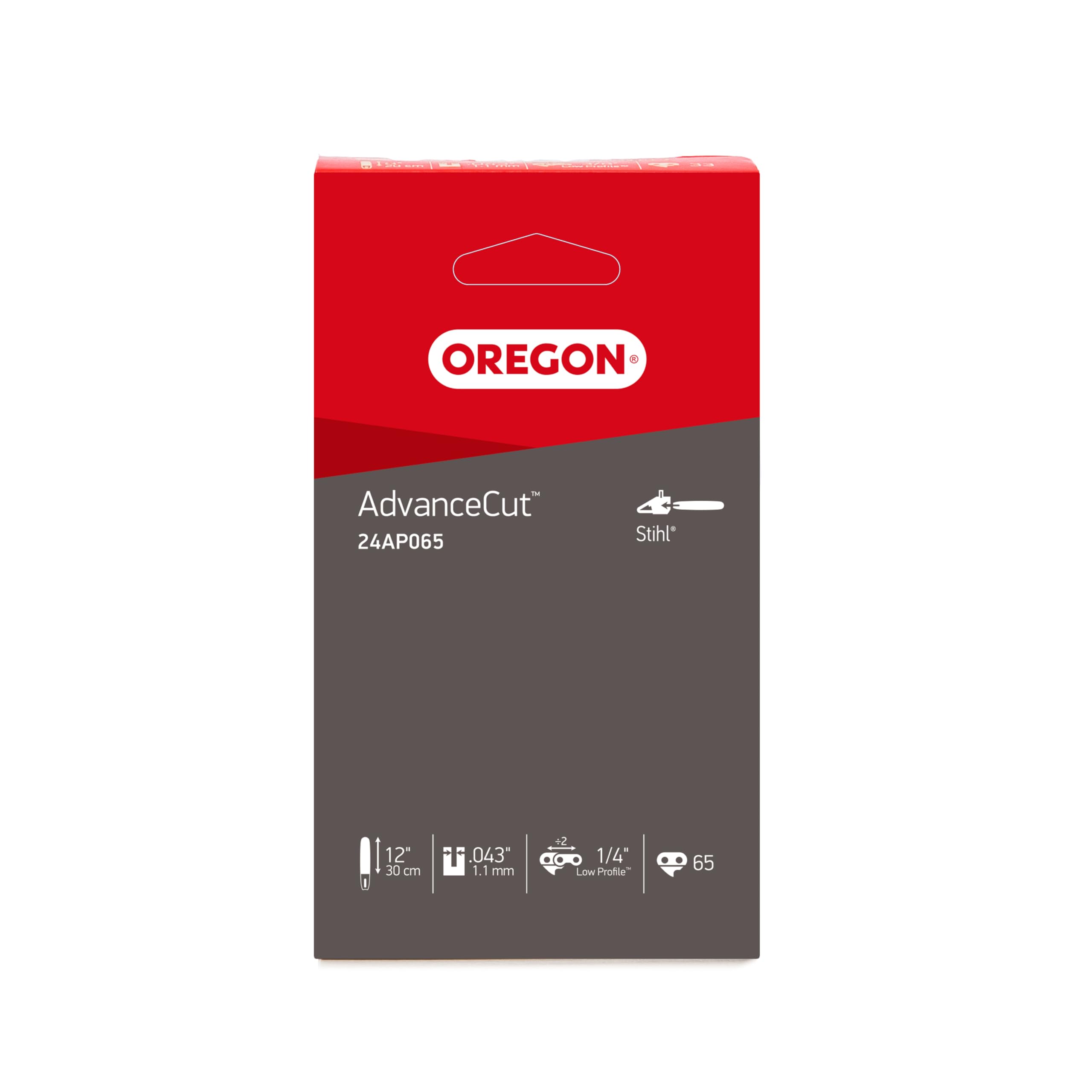 Oregon Chainsaw Chain Fits Stihl MSA161T, Mini Chainsaw Chain for 12-Inch (30cm) Guide Bar, 1/4" Low Profile Pitch, 65 Drive Links, 1.1mm Gauge, Low-Kickback, Semi Chisel Cutters (24AP)