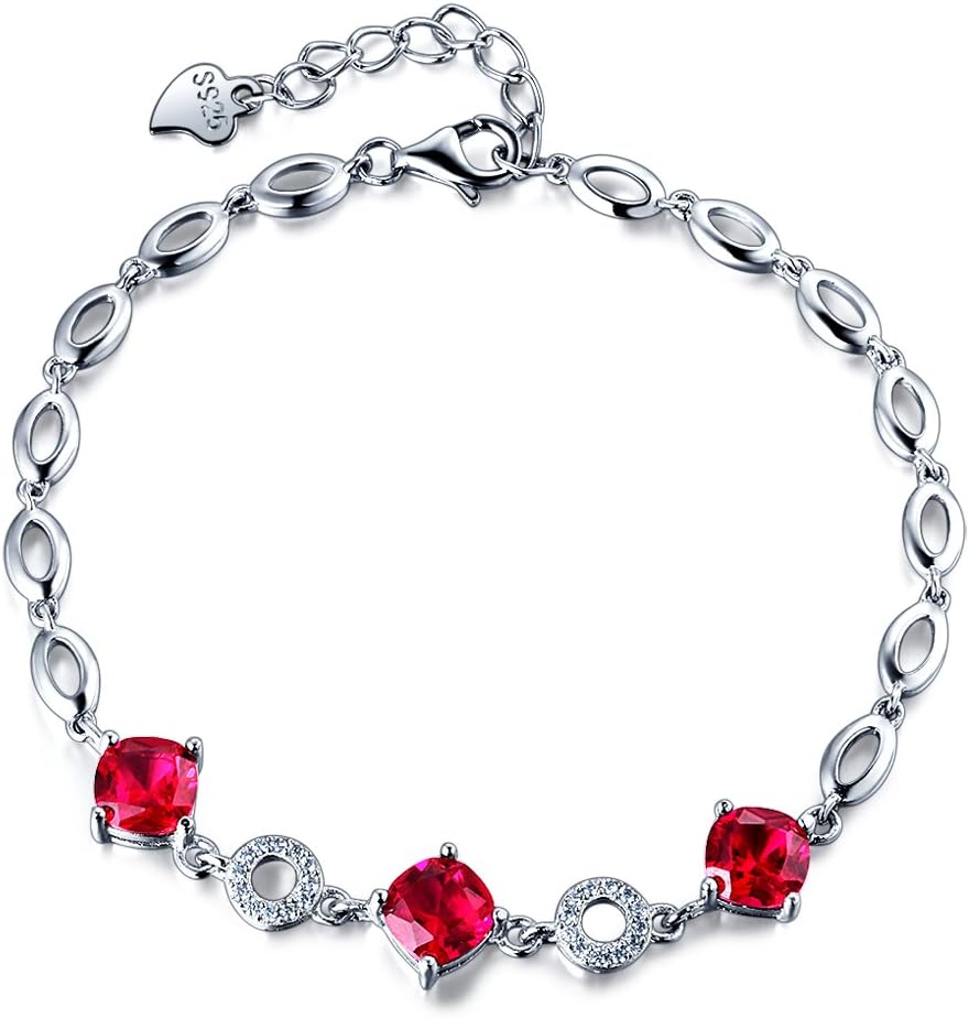 Women Bracelet 925 Sterling Silver Bracelet Square Cut Ruby with Shiny Cubic Zirconia Circle Chain Link Bracelets for Women Girls, 19.5cm/7.7"