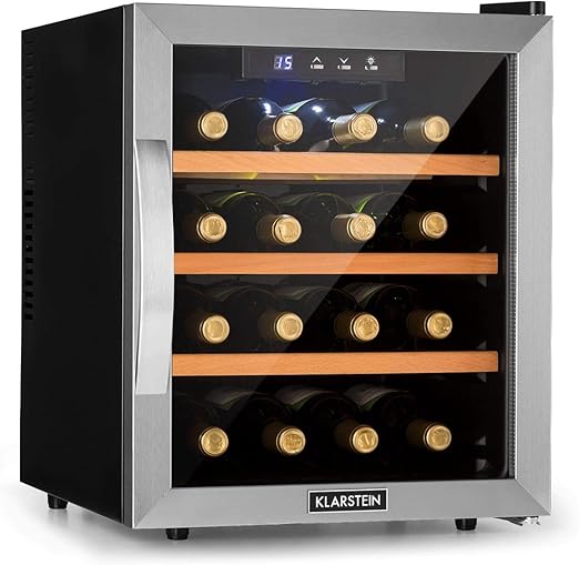 Klarstein Reserva 16 Wine Refrigerator Thermoelectric Drinks Refrigerator Energy Efficiency Class B 34 Db 1 Zone 48 L 16 Bottles 11 18 C Glass Front With Stainless Steel Frame Grey Black Amazon De Large Appliances