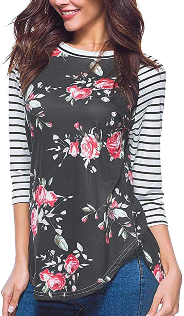 YKARITIANNA Womens Leisure Stripe Printing T-Shirt Blouse Three Quart Sleeve Casual Tops
