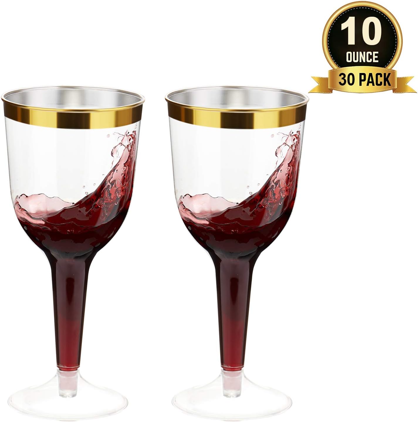 25 Gold Rimmed Disposable Plastic Wine Glasses Large 10 oz. Premium