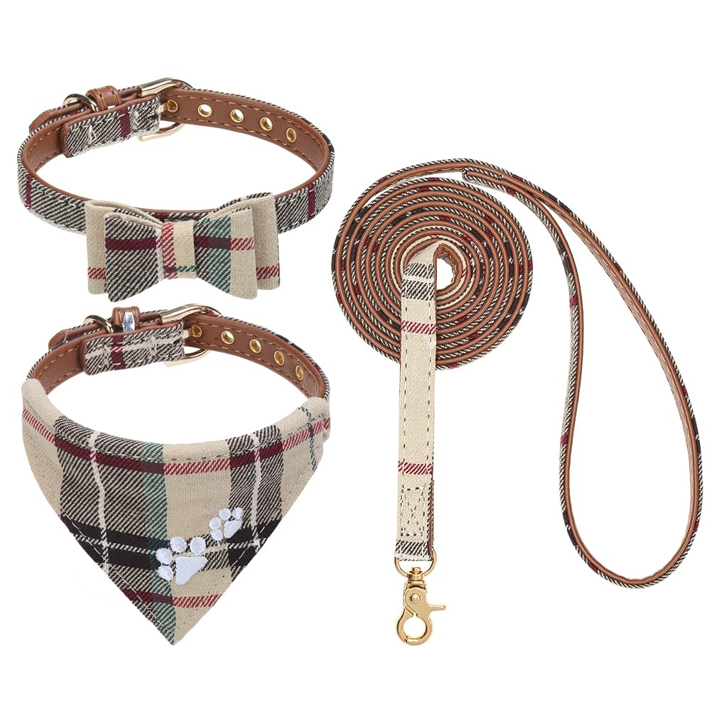 EXPAWLORER Classic Plaid Dog Collar with Bow Tie and Pawprint Bandana, No Tangle Lead, Adjustable for Small Medium Dogs, Brown Medium